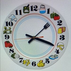 Plate Design Kitchen Clock White Foods & Cutlery Arms Tested Vintage Collectible